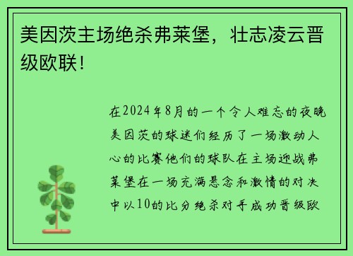 美因茨主场绝杀弗莱堡，壮志凌云晋级欧联！